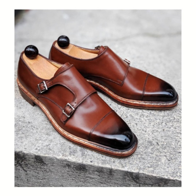 Handmade men brown leather monk strap  dress shoes - Thumbnail 3