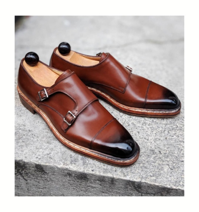 Handmade Men Brown Leather Monk Strap  Dress Shoes