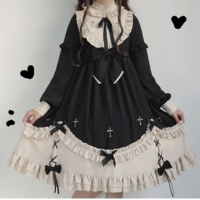 Kawaii Girl Gothic High Waist Lace and Bow Black Dress - Thumbnail 4