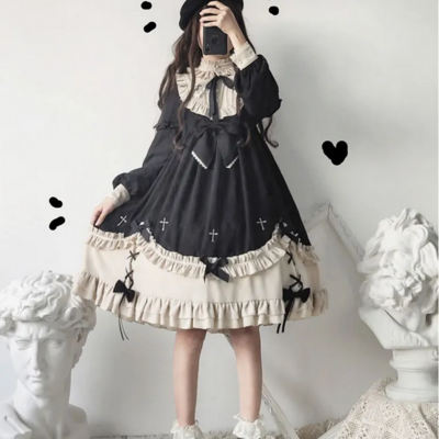 Kawaii girl gothic high waist lace and bow black dress