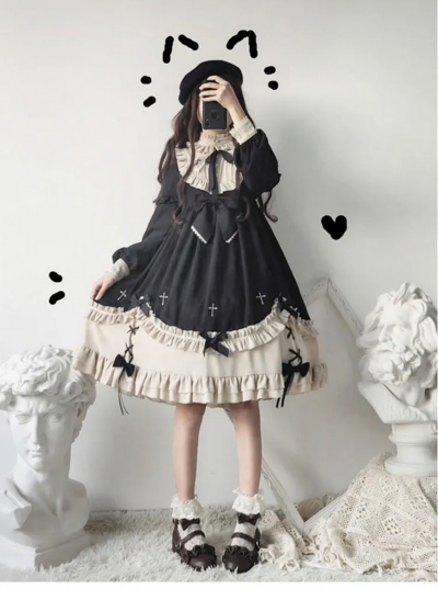 Kawaii Girl Gothic High Waist Lace and Bow Black Dress