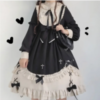 Kawaii Girl Gothic High Waist Lace and Bow Black Dress - Thumbnail 1