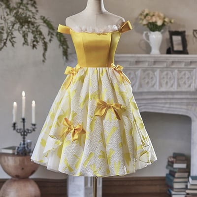 Yellow satin tulle short prom party dress - Thumbnail 1