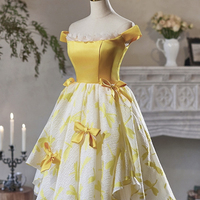 Yellow Satin Tulle Short Prom Party Dress - Thumbnail 1