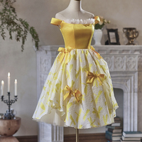 Yellow Satin Tulle Short Prom Party Dress - Thumbnail 2