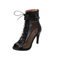 Lace up Peep Toe Mesh Heels Sandals - Thumbnail 6