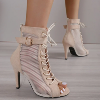 Lace up Peep Toe Mesh Heels Sandals - Thumbnail 4