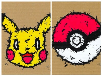 📺Diptych Drawing by Celipe Perroloco "Pikachu & Ball" 
