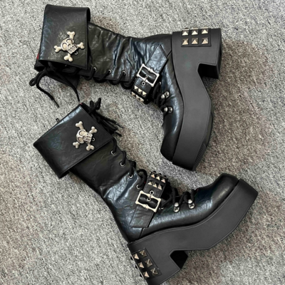 Gururu Punk Subculture Y2k Studded Black Boots