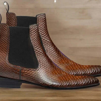 Men handmade python textures leather chelsea boots. handmade shoes for men