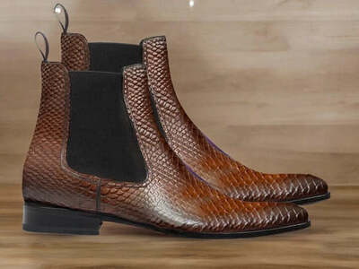 Men Handmade Python Textures Leather Chelsea Boots. Handmade Shoes for men