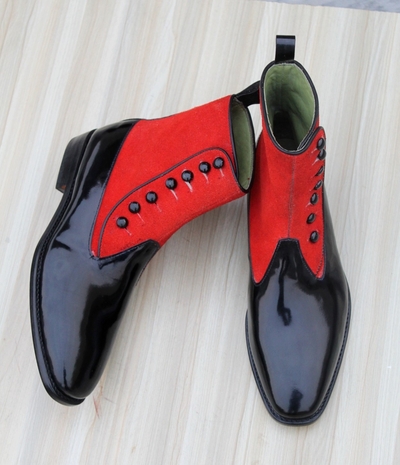 Handmade Men Dress Shoes Black Patent Red Suede Leather Ankle High Button Boot