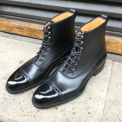 Handmade men black calf leather ankle high lace up dress boot - Thumbnail 1
