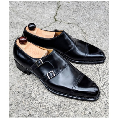 Handmade men black leather monk strap dress shoes - Thumbnail 3