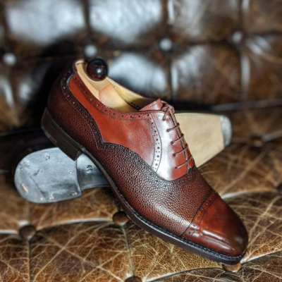 Handmade men classic brown grain leather oxford lace up dress shoes - Thumbnail 4