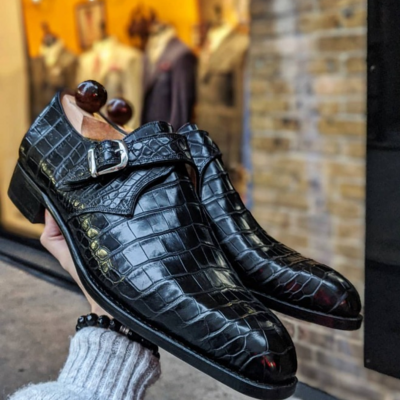 Handmade men black crocodile/alligator leather monk strap dress shoes - Thumbnail 1