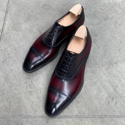 Handmade men burgundy black shaded patina dress shoes - Thumbnail 3