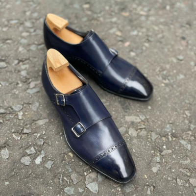 Handmade men blue leather monk strap dress shoes - Thumbnail 1