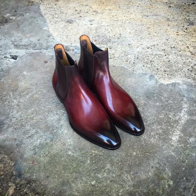 Handmade red patina leather chelsea dress boot