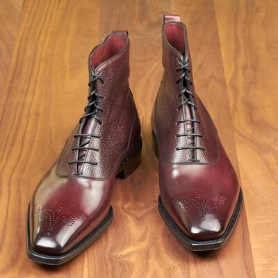 Handmade burgundy leather ankle high lace up boot - Thumbnail 2
