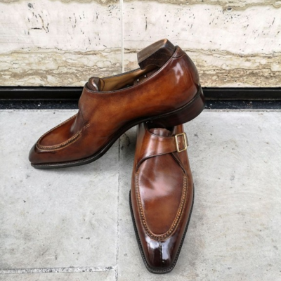 Handmade brown leather monk strap dress shoes  - Thumbnail 4