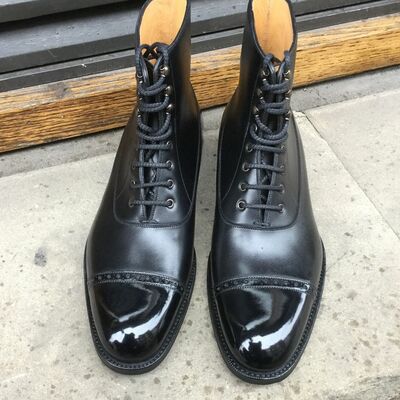 Handmade men black calf leather ankle high lace up dress boot - Thumbnail 1