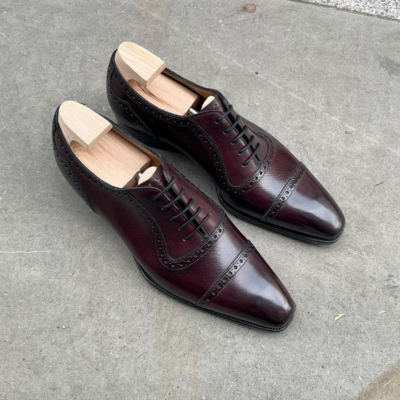 Handmade Men Burgundy Oxford Lace up Dress Shoes 