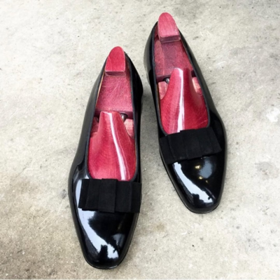 Handmade Men Black Patent Tie Moccasin Loafers Dress Shoes 