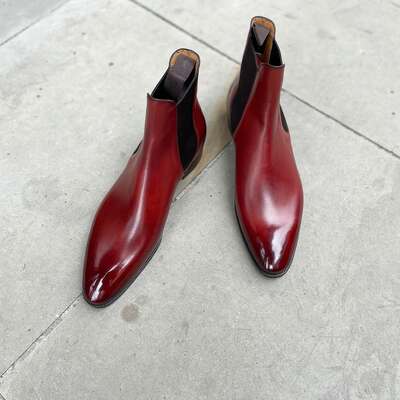 Handmade men dress shoes red patina leather chelsea boot