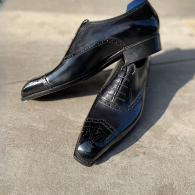 Handmade men black calf leather wingtip oxford dress shoes  - Thumbnail 4