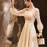 Champagne Long Sleeve Party Dress, Beautiful A-Line Prom Dress - Thumbnail 1