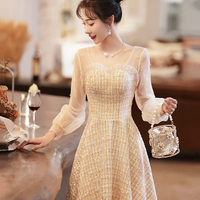 Champagne Long Sleeve Party Dress, Beautiful A-Line Prom Dress - Thumbnail 3