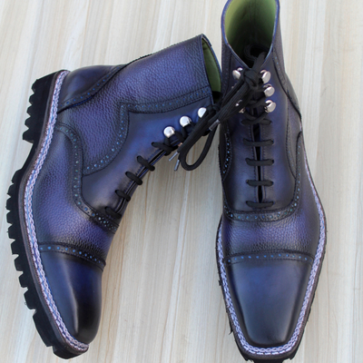 Crafted leather classic dress shoes blue grain patina leather double norwegian welted ankle high boot - Thumbnail 2