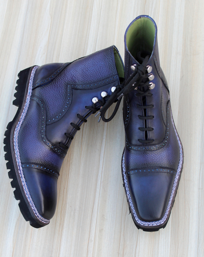 Crafted Leather Classic Dress Shoes Blue Grain Patina Leather Double Norwegian Welted Ankle High Boot