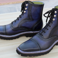 Crafted Leather Classic Dress Shoes Blue Grain Patina Leather Double Norwegian Welted Ankle High Boot - Thumbnail 1
