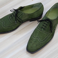 Crafted Leather Classic Green Suede Leather Wingtip Oxford Dress Shoes - Thumbnail 2