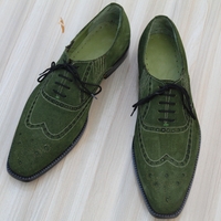 Crafted Leather Classic Green Suede Leather Wingtip Oxford Dress Shoes - Thumbnail 1
