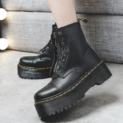Black leather motorcycle platform boots