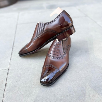 Handmade men brown leather wingtip oxford dress shoes - Thumbnail 5