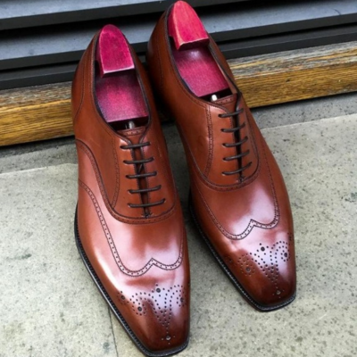 Handmade men brown leather wingtip oxford lace up dress shoes - Thumbnail 4