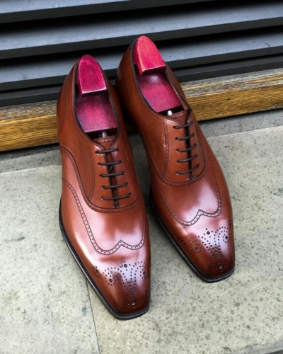 Handmade Men Brown Leather Wingtip Oxford Lace up Dress Shoes