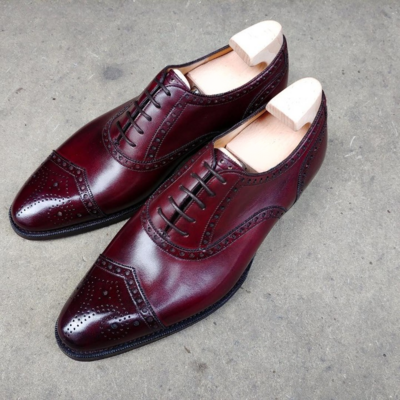 Handmade men burgundy leather wingtip oxford dress shoes - Thumbnail 2
