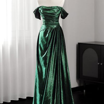 Shiny green off the shoulder floor length a-line prom party dress - Thumbnail 2