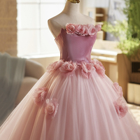 Pink Velvet and Tulle Long Prom Party Dress - Thumbnail 1