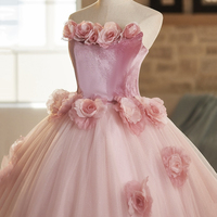 Pink Velvet and Tulle Long Prom Party Dress - Thumbnail 2