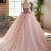 Pink Velvet and Tulle Long Prom Party Dress - Thumbnail 4