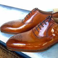 Handmade Men's Glossy Touch Patina Skin Beautiful Brogue Toe Lace Up Shoes - Thumbnail 1