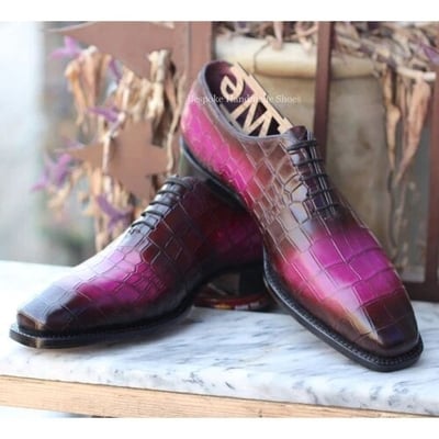 Crafted leather handmade men purple patina crocodile/alligator leather oxford dress shoes - Thumbnail 1