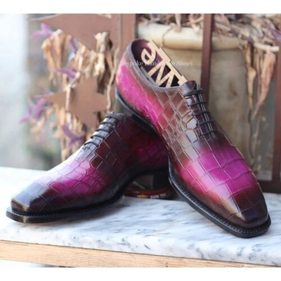 Crafted Leather Handmade Men Purple Patina Crocodile/Alligator Leather Oxford Dress Shoes
