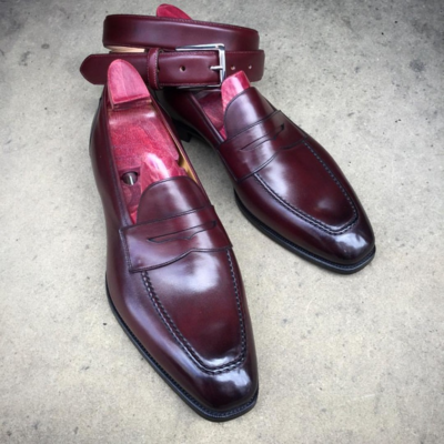 Handmade Men Brown Vintage Calf Leather Dress Loafers Shoes With Matching Belt